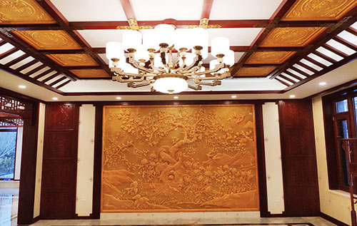 平果中式别墅客厅中式木作横梁吊顶装饰展示